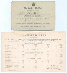 &lsquo;Earl of Sheffield&rsquo;s XI v Australians 1893&rsquo;. Rare original invitation card, &lsquo;The Earl of Sheffield requests the honor of Mr Gaston&rsquo;s [handwritten] company to Luncheon at Sheffield Park, May 9th 1893 at two o&rsquo;clock precisely. Ticket to be presented on ente