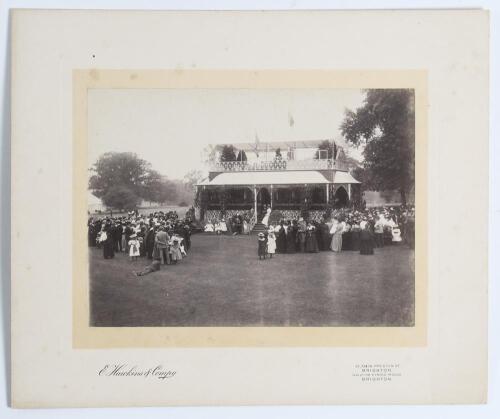 Sheffield Park, East Sussex 1890s. Three original sepia photographs depicting events taking place at the Earl of Sheffield&rsquo;s seat at Sheffield Park. Subjects include a presentation of a prize giving ceremony in progress in front of the ornate pavilion wit