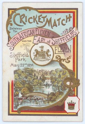 South African tour of England 1894. &lsquo;Earl of Sheffield&rsquo;s XI v South Africa 1894&rsquo;. Excellent original folding menu card for the Luncheon given by Lord Sheffield on the 22nd May 1894 during the match played at Sheffield Park, Uckfield from the 22nd to the 2