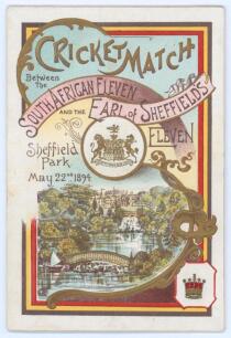 South African tour of England 1894. &lsquo;Earl of Sheffield&rsquo;s XI v South Africa 1894&rsquo;. Excellent original folding menu card for the Luncheon given by Lord Sheffield on the 22nd May 1894 during the match played at Sheffield Park, Uckfield from the 22nd to the 2