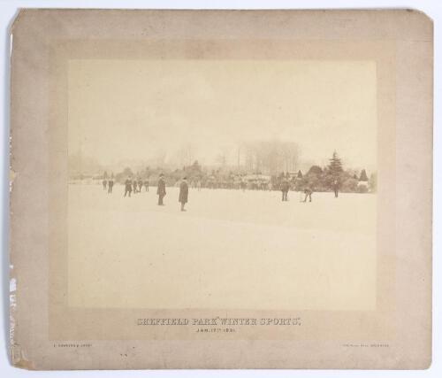 &lsquo;Sheffield Park Winter Sports. January 17th 1891&rsquo;. Excellent original sepia photographs of a cricket match being played on the ice of a frozen over Upper Women&rsquo;s Way Pond near the cricket ground at Sheffield Park with spectators in attendance, some on the