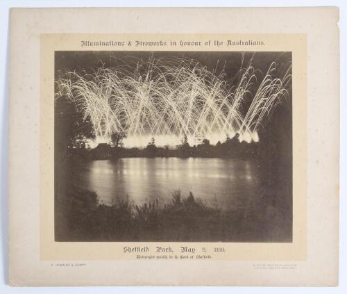 The Earl of Sheffield. &lsquo;Illuminations & Fireworks in honour of the Australians&rsquo; 1893. Early large original sepia photograph of a spectacular firework display in progress at night over the lake at Sheffield Park, &lsquo;Photographed specially for the Earl of She