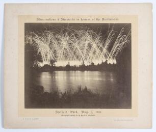 The Earl of Sheffield. &lsquo;Illuminations & Fireworks in honour of the Australians&rsquo; 1893. Early large original sepia photograph of a spectacular firework display in progress at night over the lake at Sheffield Park, &lsquo;Photographed specially for the Earl of She