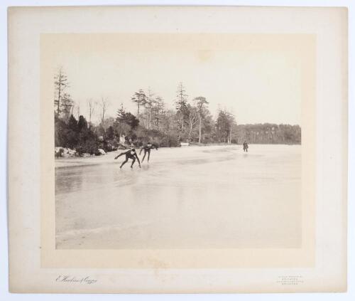 The Earl of Sheffield. Skating in the Park 1895. Early large original sepia photograph of two speed-skaters racing on the ice on the frozen lake at Sheffield Park. In February 1895 Lord Sheffield engaged two champion skaters, Lindahl of Norway and Smart, 
