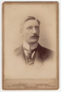 Sir Charles Aubrey Smith. Sussex, Transvaal & England 1882-1896. Excellent sepia cabinet card photograph of Smith, head and shoulders in formal attire. Cabinet card by E. Lindner of Kings William&rsquo;s Town, Cape of Good Hope, South Africa and measures 4.25&rdquo;x