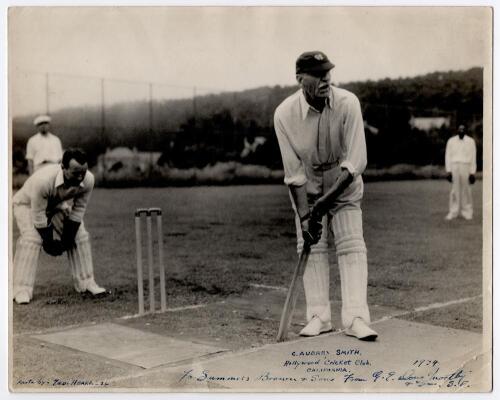 Sir Charles Aubrey Smith. Sussex, Transvaal & England 1882-1896. Excellent original mono press photograph of Aubrey Smith batting for the Hollywood Cricket Club in California 1934. Smith is stood at the wicket awaiting a delivery to be bowled wearing cap 