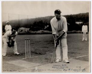 Sir Charles Aubrey Smith. Sussex, Transvaal & England 1882-1896. Excellent original mono press photograph of Aubrey Smith batting for the Hollywood Cricket Club in California 1934. Smith is stood at the wicket awaiting a delivery to be bowled wearing cap 