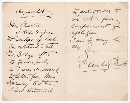 Sir Charles Aubrey Smith. Sussex, Transvaal & England 1882-1896. Two page handwritten letter from Aubrey Smith to Charlie, headed Haymarket and undated but probably from around 1900. Smith speaks of not opening an envelope of books for around thirty days 