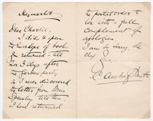 Sir Charles Aubrey Smith. Sussex, Transvaal & England 1882-1896. Two page handwritten letter from Aubrey Smith to Charlie, headed Haymarket and undated but probably from around 1900. Smith speaks of not opening an envelope of books for around thirty days 