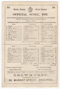 &lsquo;Sussex v Surrey 1887&rsquo;. Early original double sided scorecard for the match played at Hove 8th- 10th August 1887 with complete printed scores. Surrey won by one wicket, for Sussex, Quaife top scored with 111, Charles Aubrey Smith took nine wickets for Sus