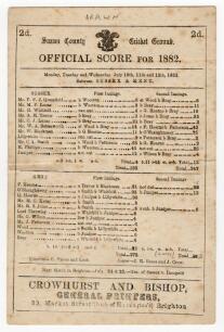 &lsquo;Sussex v Kent 1882&rsquo;. Early original double sided scorecard for the match played at Hove 10th- 12th July 1882 with complete printed scores with odd pencil annotation. The match was drawn, for Sussex C. Aubrey Smith top scored for Sussex with 68, O&rsquo;Shaughn