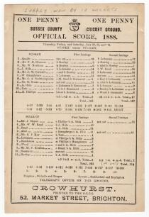 &lsquo;Sussex v Surrey 1888&rsquo;. Early original double sided scorecard for the match played at Hove 26th- 28th July 1888 with complete printed scores. Surrey won by ten wickets, for Sussex, Cotterill top scored with 52 and A.B. Hise took 7-44 in Surrey first innin