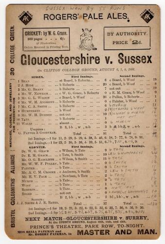 &lsquo;Gloucestershire v Sussex 1891&rsquo;. Early original double sided scorecard for the match played at Clifton College 6th-8th July 1891 with complete printed and handwritten pencil scores. Sussex won by 55 runs, in a low scoring match Sussex made 91 in their fir