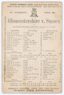 &lsquo;Gloucestershire v. Sussex&rsquo; 1888. Early original double sided scorecard for the match played at Clifton College 6th- 8th August 1888 with complete printed scores. Gloucestershire (328 & 149/3) beat Sussex (130 & 344) by seven wickets. The Gloucestershire 