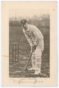 Victor Thomas Trumper. New South Wales & Australia 1894-1914. Early original mono postcard of Trumper in batting pose wearing Australian Test cap. Printed title &lsquo;Mr. V. Trumper&rsquo;. Very nicely signed in black ink to lower margin &lsquo;V. Trumper&rsquo;. Wrench Series 