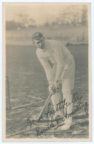 Warwick Windridge Armstrong. Victoria & Australia 1898-1922. Early original sepia real photograph postcard of Armstrong in batting pose wearing Australian Test cap. Printed title &lsquo;Armstrong (Victoria)&rsquo;. Beautifully signed in black ink to the photograph &lsquo;Y