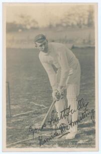 Warwick Windridge Armstrong. Victoria & Australia 1898-1922. Early original sepia real photograph postcard of Armstrong in batting pose wearing Australian Test cap. Printed title &lsquo;Armstrong (Victoria)&rsquo;. Beautifully signed in black ink to the photograph &lsquo;Y