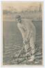 Warwick Windridge Armstrong. Victoria & Australia 1898-1922. Early original sepia real photograph postcard of Armstrong in batting pose wearing Australian Test cap. Printed title &lsquo;Armstrong (Victoria)&rsquo;. Beautifully signed in black ink to the photograph &lsquo;Y