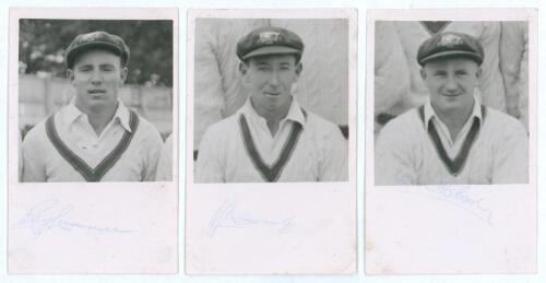 Australia tour to England 1948. Three mono real photograph plain back postcards of head and shoulder player portraits. Players are Ray Lindwall, Lindsay Hassett and Colin McCool, all depicted in cricket attire and Australia Test cap. Each postcard signed 