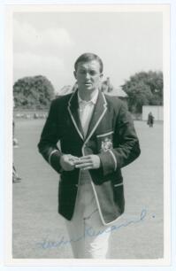 Richard &lsquo;Richie&rsquo; Benaud. New South Wales & Australia 1948-1964. Mono real photograph plain back postcard of Benaud three quarter length walking off the field wearing Australian tour blazer. Signed in blue biro to the photograph by Benaud. Publisher unknow