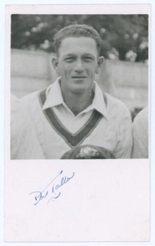 Donald &lsquo;Don&rsquo; Tallon. Queensland & Australia 1933-1954. Mono real photograph player portrait postcard of Tallon, head and shoulders wearing cricket attire. Nicely signed in blue ink to the lower margin by Tallon. Official stamp to verso for A. Wilkes & Son
