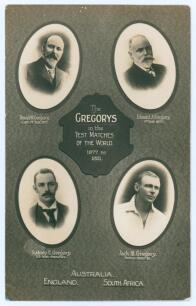 &lsquo;The Gregorys in the Test Matches of the World 1877 to 1921&rsquo;. Real photograph postcard with title in shield to centre, cameo images of &lsquo;David W. Gregory, Captain, 1st Test 1877&rsquo;, &lsquo;Edward J. Gregory, 1st Test 1877&rsquo;, &lsquo;Sydney E. Gregory, 53 Test matches&rsquo; and