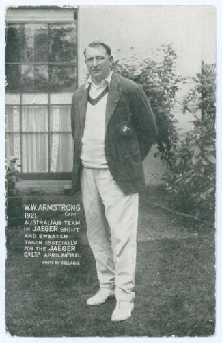 Warwick Windridge Armstrong. Victoria & Australia 1898-1922. A rarely seen mono &lsquo;Jaeger&rsquo; advertising postcard of Armstrong standing full length wearing Australia blazer and cricket attire. Caption to image &lsquo;W.W. Armstrong 1921. Capt. Australia Team in Jae