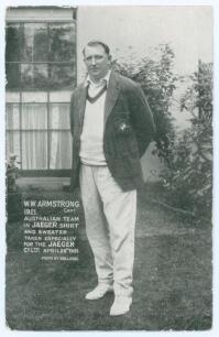 Warwick Windridge Armstrong. Victoria & Australia 1898-1922. A rarely seen mono &lsquo;Jaeger&rsquo; advertising postcard of Armstrong standing full length wearing Australia blazer and cricket attire. Caption to image &lsquo;W.W. Armstrong 1921. Capt. Australia Team in Jae