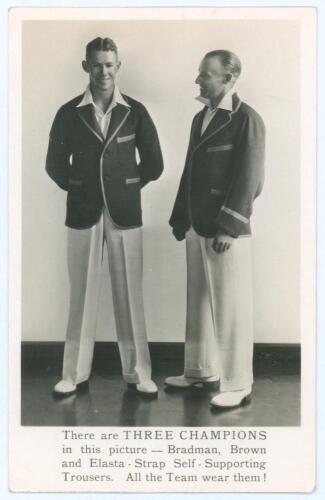 Don Bradman and Bill Brown. Australia c.1938. Mono real photograph plain back advertising postcard of Bradman and Brown standing full length wearing cricket attire and blazers. Printed caption to lower margin &lsquo;There are Three Champions in this picture- Br
