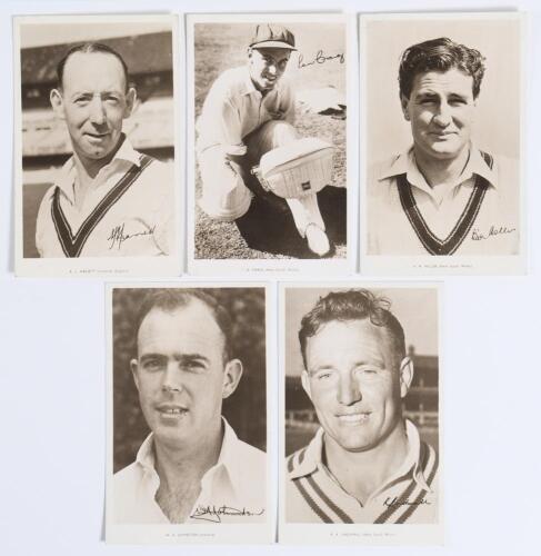 Australia tour to England 1953. Five sepia real photograph postcards of members of the Australian team. Four players, depicted head and shoulders, are Lindsay Hassett, Ray Lindwall, Bill Johnston and Keith Miller, the other of Ian Craig &lsquo;padding up&rsquo;. Each