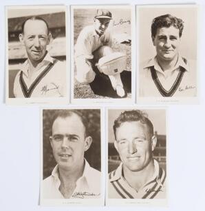 Australia tour to England 1953. Five sepia real photograph postcards of members of the Australian team. Four players, depicted head and shoulders, are Lindsay Hassett, Ray Lindwall, Bill Johnston and Keith Miller, the other of Ian Craig &lsquo;padding up&rsquo;. Each