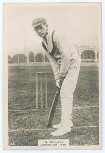 Herbert Leslie Collins. New South Wales & Australia 1909-1926. Phillips &lsquo;Pinnace&rsquo; premium issue cabinet size mono plain back real photograph trade card of Collins, full length in batting pose at the wicket, taken at Lord&rsquo;s. No. 9.C. Printed title to lower