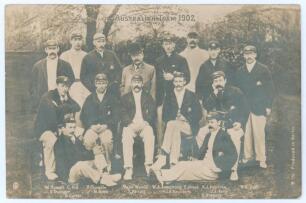 &lsquo;Australian Team 1902&rsquo;. Scarce and early sepia real photograph postcard of the 1902 Australian touring party to England, standing and seated in rows, wearing tour caps and blazers. Title to top and players named to lower border. Players include Darling (C