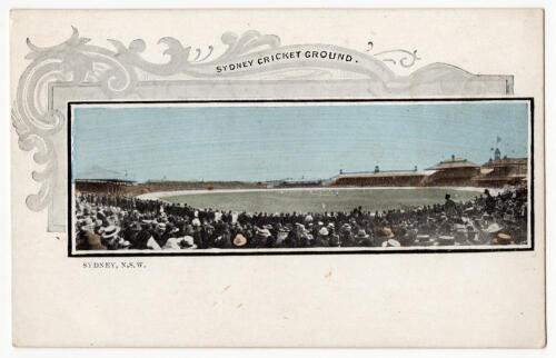 Australian cricket postcards. Two rarer postcards, one in colour of the &lsquo;Sydney Cricket Ground&rsquo; 1904, Private Post Card Co and the other again in colour of &lsquo;Melbourne Cricket Ground. An English Eleven at Play 1904&rsquo;. E.P. Series. Some wear, good condition 