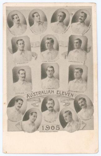 Australian tour to England 1905. &lsquo;Australian Eleven 1905&rsquo;. Rare and early mono postcard of the Australians featuring excellent vignettes of all fifteen members of the Australian touring party, each named. Players are Darling (Captain), Duff, Hopkins, Cott