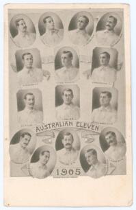 Australian tour to England 1905. &lsquo;Australian Eleven 1905&rsquo;. Rare and early mono postcard of the Australians featuring excellent vignettes of all fifteen members of the Australian touring party, each named. Players are Darling (Captain), Duff, Hopkins, Cott