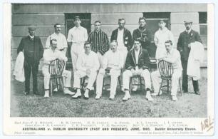 &lsquo;Australians v Dublin University Eleven (Past and Present), June 1905&rsquo;. Early and rarer mono postcard of the Dublin University XI with two umpires, seated and standing in rows in cricket attire and blazers for the match played at College Park Dublin, 19th