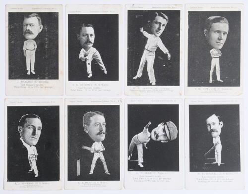 Australian tour to England 1905. Rare and early selection of eight early mono postcards from the &lsquo;Australian Cricketers&rsquo; series c.1905, four titled &lsquo;Sports Series&rsquo; the others &lsquo;Cartoon Series&rsquo;. Each depicts a full length photographic image of a member of t