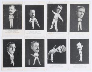 Australian tour to England 1905. Rare and early selection of eight early mono postcards from the &lsquo;Australian Cricketers&rsquo; series c.1905, four titled &lsquo;Sports Series&rsquo; the others &lsquo;Cartoon Series&rsquo;. Each depicts a full length photographic image of a member of t