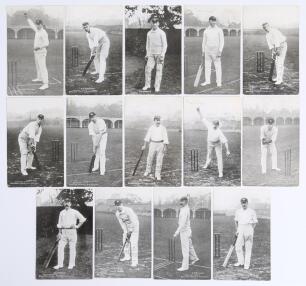 Australian tour to England 1905. A collection of fourteen early mono postcards by T. Bolland of Hanwell & Southall, each depicting a member of the Australian touring party full length in various batting and bowling poses. Players featured are Darling (Cap