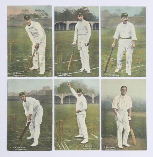 &lsquo;Australian Test cricketers c.1909. Six original colour postcards of Australian players depicted full length in cricket attire. All &lsquo;National Series&rsquo; No. 829 Players are Cotter, Armstrong, Bardsley, Trumper, Noble and Gregory. Postally unused. Odd minor 