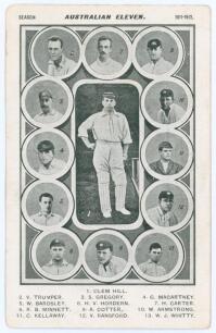 &lsquo;Australian Eleven. Season 1911-1912&rsquo;. Rare and early mono printed postcard featuring vignettes of fifteen members of the Australian team with larger vignette of the Captain Clem Hill to centre, surrounded by Trumper, Gregory, Macartney, Bardsley, Hordern