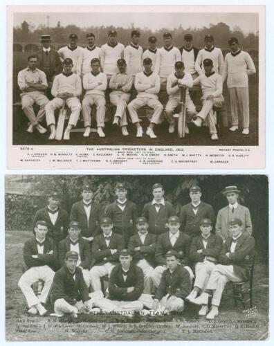 Australian tour to England 1912. Sepia real photograph postcard of the Australian touring party seated and standing in rows wearing cricket attire and caps. Rotary Series 9475A. Printed title and players names to lower border. Players include Gregory, Jen