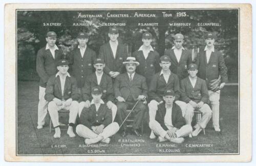 &lsquo;Australian Cricketers. American Tour 1913&rsquo;. Scarce mono postcard of the Australian touring team, standing and seated in rows, wearing tour caps and blazers. Title and players names to top border, further players names to lower border. Players include Dia