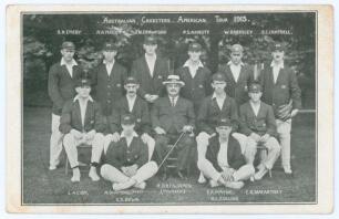 &lsquo;Australian Cricketers. American Tour 1913&rsquo;. Scarce mono postcard of the Australian touring team, standing and seated in rows, wearing tour caps and blazers. Title and players names to top border, further players names to lower border. Players include Dia