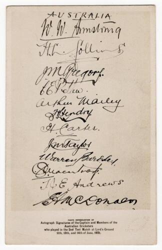 &lsquo;Australia 1921&rsquo;. &lsquo;Photo reproduction of Autograph Signatures of the Captain and Members of the Australian Cricketers who played in the 2nd Test Match at Lord&rsquo;s Ground 11th-14th of June 1921&rsquo;. Very rare mono postcard depicting the signatures of the Austra