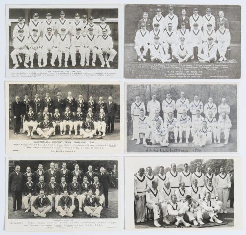 Australia tours to England 1930-1938. Six mono/ sepia postcards, four of which are real photographs, the other two being mono printed advertising postcards. Each depicts the Australian teams seated and standing in rows wearing cricket attire, some in blaz