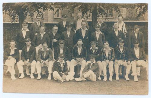 Northamptonshire v Australia 1926. Original sepia real photograph postcard of both the Northamptonshire and Australian teams, standing and seated in rows wearing blazers and caps, who played in the tour match on the 30th June- 2nd July 1926. Players inclu