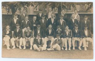 Northamptonshire v Australia 1926. Original sepia real photograph postcard of both the Northamptonshire and Australian teams, standing and seated in rows wearing blazers and caps, who played in the tour match on the 30th June- 2nd July 1926. Players inclu