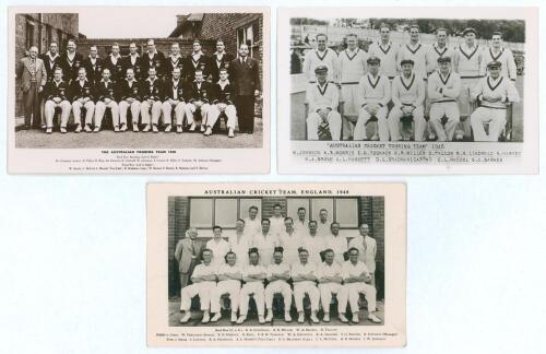Australia tour to England 1948. Three mono/ sepia real photograph postcards of the Australian touring party seated and standing in rows wearing cricket attire, one with tour blazers. Players featured include Bradman, Hassett, Brown, McCool, Barnes, Toshac